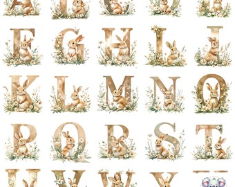 Whimsical Rabbit Alphabet: Woodland Watercolor Clipart (Instant Download)