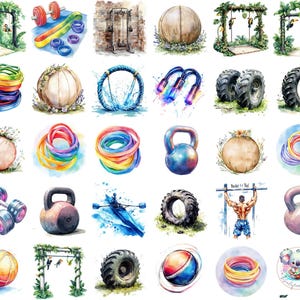 ジムのフィットネス機器のクリップアート PNG、水彩ダンベル、ケトルベル、ヨガマット、マシン、フィットネスの工芸品やデザインに最適