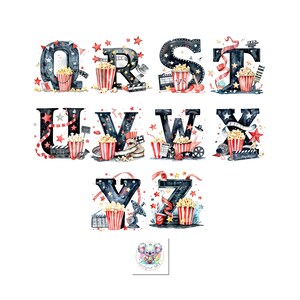 May include: Watercolor alphabet letters Q through Z decorated with movie-themed elements like popcorn, film reels, clapperboards, and stars. The letters are black with red and white accents.