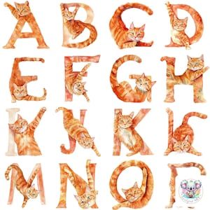 26 cliparts alphabet chat roux - Jolies lettres de A à Z aquarelle chat orange pour des projets créatifs, des décorations de chambre d'enfant et des designs sur le thème des animaux de compagnie