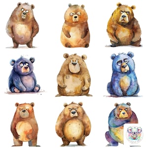 Puede incluir: Nueve ilustraciones de acuarela de osos de dibujos animados con diferentes expresiones. Los osos son marrones, azules y negros. Algunos osos están de pie, mientras que otros están sentados.