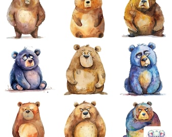 Grumpy Bear Clipart: 24 Quirky PNG Illustrations (300 DPI) (Digital Download)