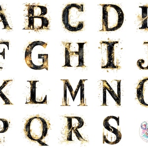 Schwarz Gold Hochzeit Alphabet Clipart: Elegante Monogramm Buchstaben (PNG Digital Download)