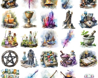 Clipart Wicca ad acquerello: 100 immagini PNG di stregoneria (300 DPI)