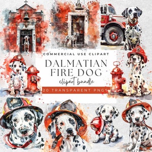 Clipart dalmata Fire Dog - Confezione da 20 PNG ad acquerello - Sfondo trasparente - Uso commerciale