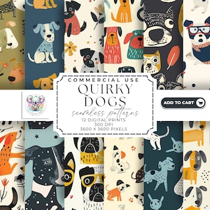 Colección canina caprichosa: 12 impresiones digitales de patrones sin fisuras de perros extravagantes / 300 DPI, 3600x3600px / Perfecto para proyectos y decoración con temática de mascotas