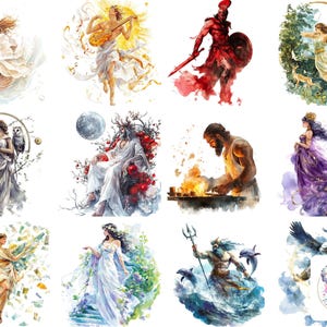 48 cliparts aquarelle dieux et déesses grecs | Personnages mythologiques PNG | Art numérique haute résolution pour travaux manuels et créations