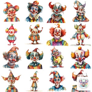 Whimsical Clown Cliparts PNGs: 24 imagens coloridas de alta resolução e 300 DPI para convites criativos e projetos de decoração de festas