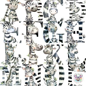 Quirky Zebra Alphabet Clipart PNGs: 26 letras temáticas de animais de alta resolução e 300 DPI para decoração de berçário, convites e artesanato