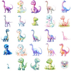 Aquarel pastel dinosaurus clipart png, 45 schattige dino-illustraties, transparante zachte dino-kunst voor kinderdagverblijf, kinderen ambachten en decor
