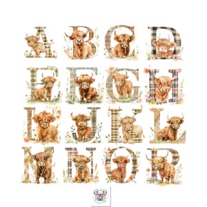 Rustikale Highland Kuh Buchstabe Clipart - 26 Aquarell Alphabet PNGs - Perfekt für Bauernhaus Dekor und DIY-Projekte