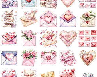 Envelope de Dia dos Namorados em aquarela clipart: Coração floral PNG (download digital)