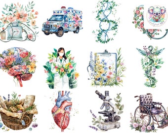 Watercolor Boho Medical Clipart: Floral Illustrations (PNG, 300 DPI)