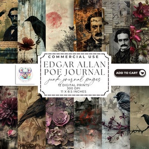 Kit diario spazzatura di Edgar Allan Poe - 12 pagine digitali gotiche, 300 DPI - 11 x 8,5 pollici - Kit diario spazzatura romantico scuro