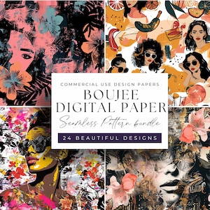 Może przedstawiać: Pakiet papieru cyfrowego z 24 wzorami bez szwów, prezentującymi kolorowe abstrakcyjne wzory, elementy kwiatowe i stylizowane portrety kobiet w okularach przeciwsłonecznych. Na obrazie widnieje tekst "BOUJEE DIGITAL PAPER Seamless Pattern bundle 24 BEAUTIFUL DESIGNS".