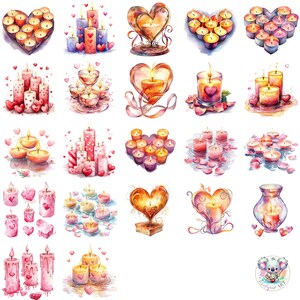 Valentine Candle Clipart Bundle – 48 ilustrações de velas românticas, luzes em forma de coração, rosas e brilho para cartões DIY, decoração de convites