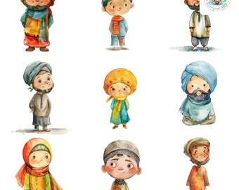 Clipart de musulmanes en acuarela: 25 ilustraciones PNG originales (300 DPI)