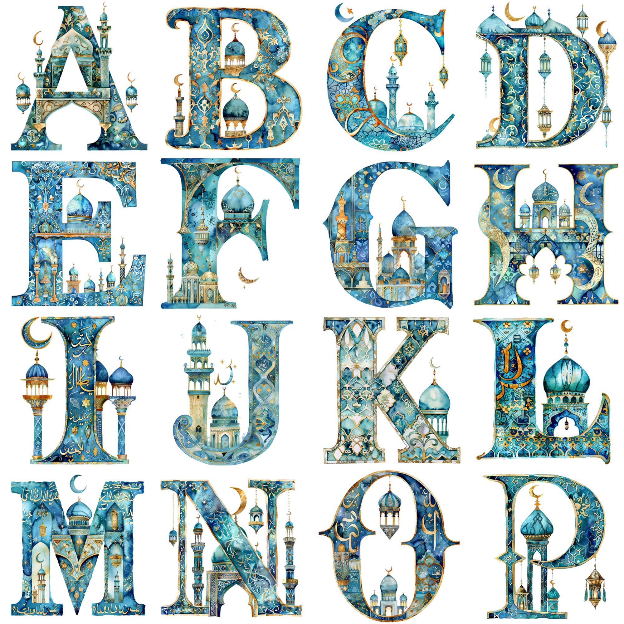 Watercolor Islamic Alphabet Letters: 26 Clipart Pngs for Muslim Wedding ...