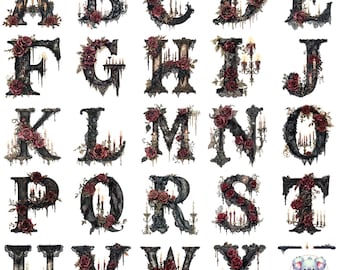 Gothic Wedding Alphabet Clipart: Dark Floral Monogram Letters (PNG Download A-Z)