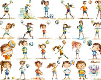 Watercolor Volleyball Player Clipart: 37 PNG Illustrations (Digital Download)