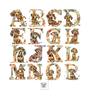 Adorable acuarela Dachshund Cachorro Letra Alfabeto Clipart - Conjunto completo de 26 archivos PNG Ideal para regalo de amante de mascotas y Scrapbooking 300 DPI