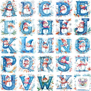 Snowman Christmas Alphabet Clipart PNG: 26 Blue Frosty Letters for DIY Holiday Crafts, Cards & Winter Decor