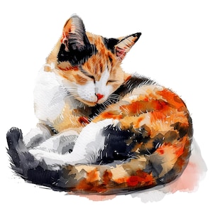 Adorable clipart aquarelle de chat calicot PNG : 20 motifs de chat haute résolution 300 ppp, parfaits pour les projets créatifs et les décorations sur le thème des animaux de compagnie