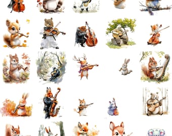 Watercolor Woodland Animal Orchestra Clipart: Musical Critters (PNG Digital Download)