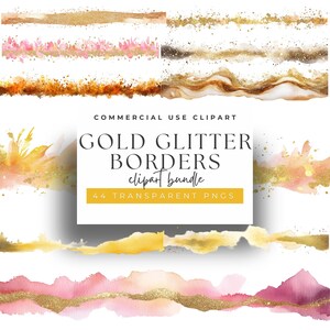 Watercolor Gold Glitter Border Clipart: Elegant Brush Strokes (PNG)
