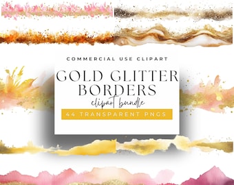 Watercolor Gold Glitter Border Clipart: Elegant Brush Strokes (PNG)