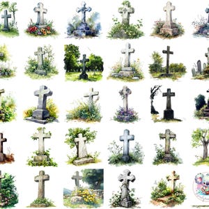 Clipart croix cimetière aquarelle PNG, 48 pierres tombales transparentes avec fleurs et nature pour des motifs commémoratifs et l'art du souvenir