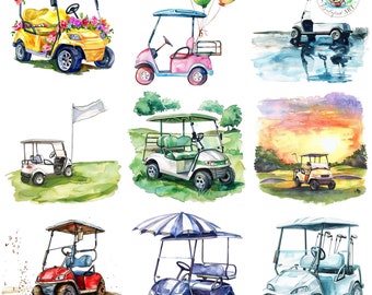 Bunte Aquarell Golf Warenkorb Cliparts PNGs: 40 eigenständige hochauflösende Bilder für Scrapbooking und mehr
