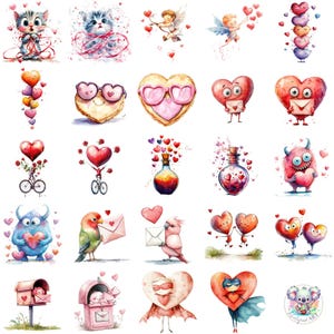 48 divertenti clipart ad acquerello di San Valentino / PNG eccentrici a tema amore / Arte digitale ad alta risoluzione per artigianato e design