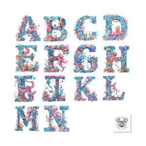 Marine Magie Alphabet - 26 Aquarell Unter dem Meer Brief Clipart Bundle, 300 DPI für Unterwasser Scrapbook-Seiten