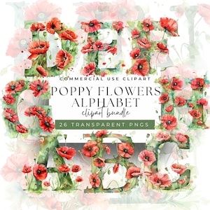 Homenaje al Día de Anzac - Imágenes prediseñadas del alfabeto de letras de flores de amapola en acuarela completa, PNG de 300 DPI