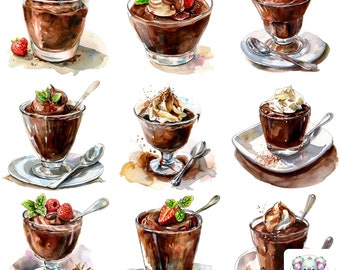 Watercolor Chocolate Pudding Clipart: High-Resolution Dessert Illustrations (Digital Download)
