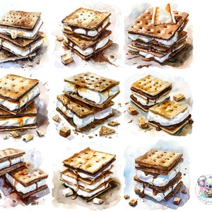 Clipart S'mores PNG : 24 délicieuses illustrations aquarelles S'mores pour travaux manuels, décoration de camping et projets sur le thème de l'été
