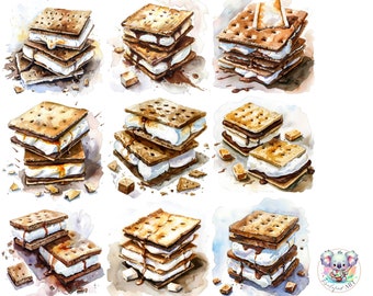 Clipart S'mores aquarelle : 24 illustrations PNG (téléchargement numérique)