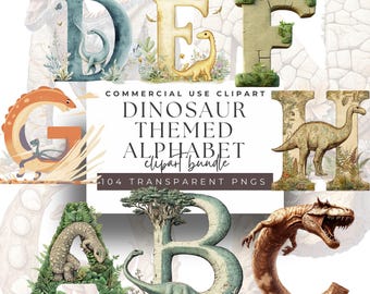 May include: A dinosaur-themed alphabet clipart bundle featuring letters A through H, each uniquely designed with watercolor illustrations of dinosaurs and foliage. The image includes the text "Commercial Use Clipart" and "Dinosaur Themed Alphabet Clipart Bundle".