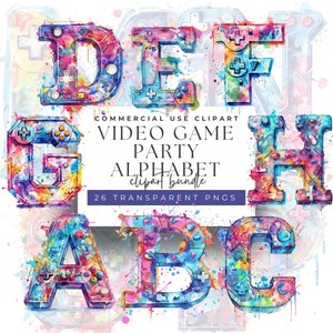 Videospiel Party Alphabet Clipart PNG: 26 hochauflösende 300 DPI Arcade-Buchstaben für Einladungen, zum Basteln und Dekorieren