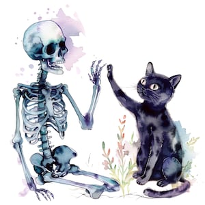 Clipart aquarelle chat et squelette PNG : lot de 20 images autonomes de haute qualité 300 ppp pour le scrapbooking, les projets de bricolage et la décoration effrayante