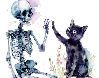 Watercolor Cat and Skeleton Clipart: Spooky Halloween PNG Set (300 DPI)