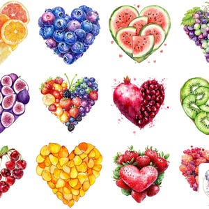 Saint-Valentin fruits coeur Clipart PNG, aquarelle amour fruits Art, coeurs romantiques aux fraises, ensemble d'illustrations mignon Saint-Valentin en bonne santé