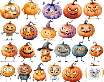 Halloween Jack-o-Lantern Clipart PNG: 56 Watercolor Pumpkin Faces (Digital Download)