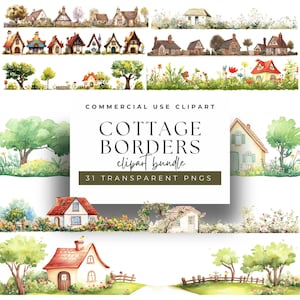Watercolor Cottage Border Clipart PNG, Transparent Village House Borders, Whimsical Countryside Frames for Invites, Scrapbook and Decor