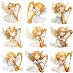 Aquarell süßer Engel mit goldener Harfe Clipart PNGs - 23 hochauflösende 300 DPI Illustrationen für digitale Kunst und Kunsthandwerk