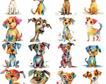 Watercolor Dog Clipart: 24 Quirky PNG Images (300 DPI)