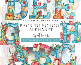 Back to School Alphabet Clipart Set: 26 High-Res PNG Images (Digital Download)