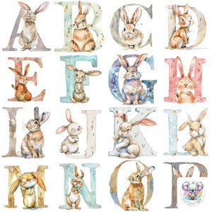 Letra do alfabeto de coelho aquarela extravagante Clipart PNGs: 26 Adoráveis imagens de coelho ABC de 300 DPI para decoração e artesanato de berçário