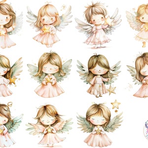 Hermoso ángel de acuarela con imágenes prediseñadas de estrella PNG: 20 ilustraciones de alta resolución de 300 DPI para invitaciones, álbumes de recortes y decoración